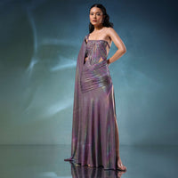 Grey Rainbow One Piece Strappy Gown In Knit Fabric With Side Trail