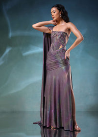 Grey Rainbow One Piece Strappy Gown In Knit Fabric With Side Trail