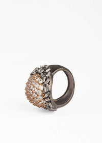 Grey Ring With Swarovski And Bugle Beads In Dome Design