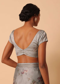 Grey Saree In Satin With Floral Prints And Unstitched Blouse Piece