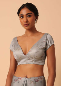 Grey Saree In Satin With Floral Prints And Unstitched Blouse Piece