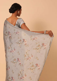 Grey Saree In Satin With Floral Prints And Unstitched Blouse Piece