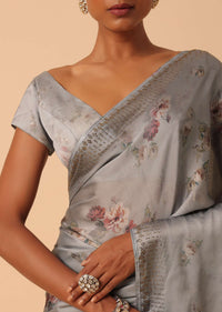 Grey Saree In Satin With Floral Prints And Unstitched Blouse Piece