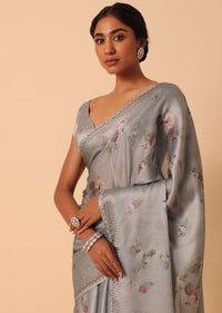 Grey Saree In Satin With Floral Prints And Unstitched Blouse Piece