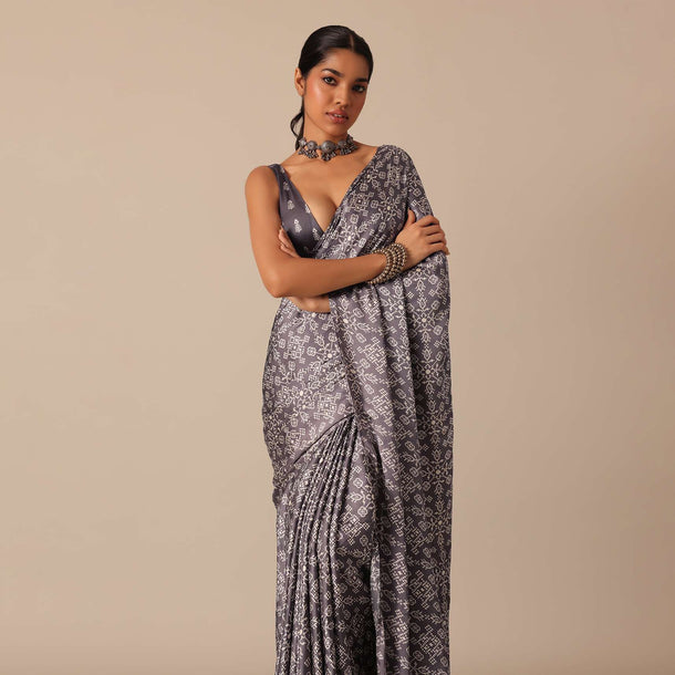 Grey Saree in Satin With Printed Detail And Unstitched Blouse Piece