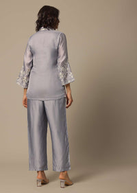 Grey Satin Pant Set With Thread Embroidery