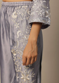Grey Satin Pant Set With Thread Embroidery