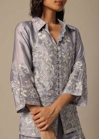 Grey Satin Pant Set With Thread Embroidery