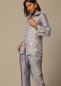 Grey Satin Pant Set With Thread Embroidery