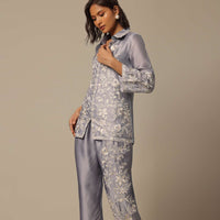 Grey Satin Pant Set With Thread Embroidery