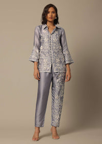Grey Satin Pant Set With Thread Embroidery