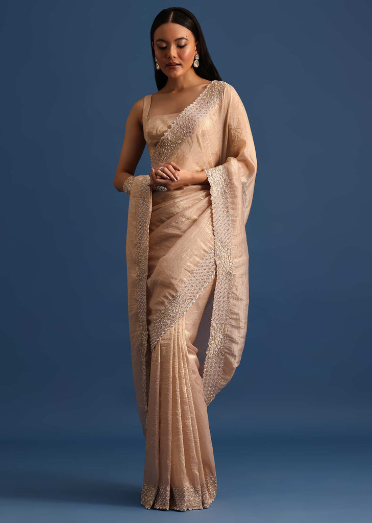 Grey Satin Saree With Embroidered Border And Unstitched Blouse