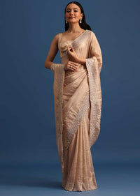 Grey Satin Saree With Embroidered Border And Unstitched Blouse