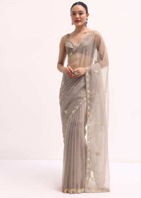Grey Scallop Border Organza Saree With Unstitched Blouse