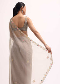 Grey Scallop Border Organza Saree With Unstitched Blouse