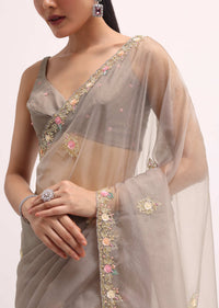 Grey Scallop Border Organza Saree With Unstitched Blouse