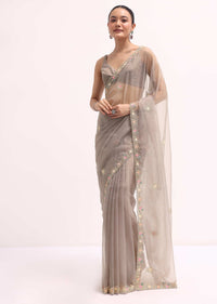 Grey Scallop Border Organza Saree With Unstitched Blouse