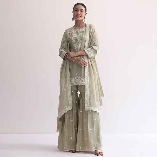 Grey Sequin Embroidered Sharara Set