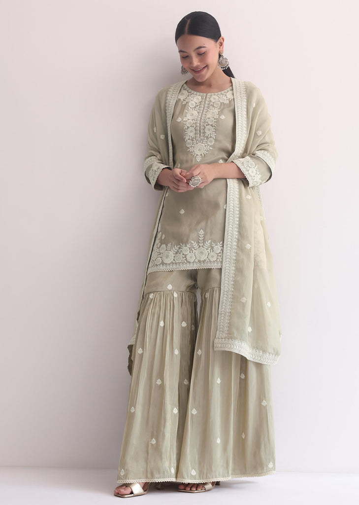 Grey Sequin Embroidered Sharara Set