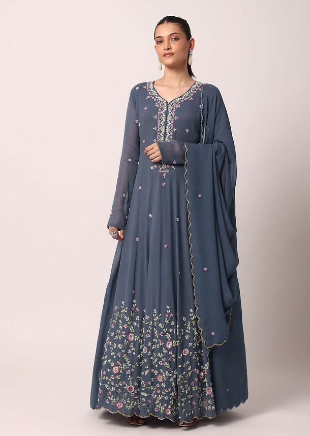 Grey Sequin Work Anarkali Pant Set