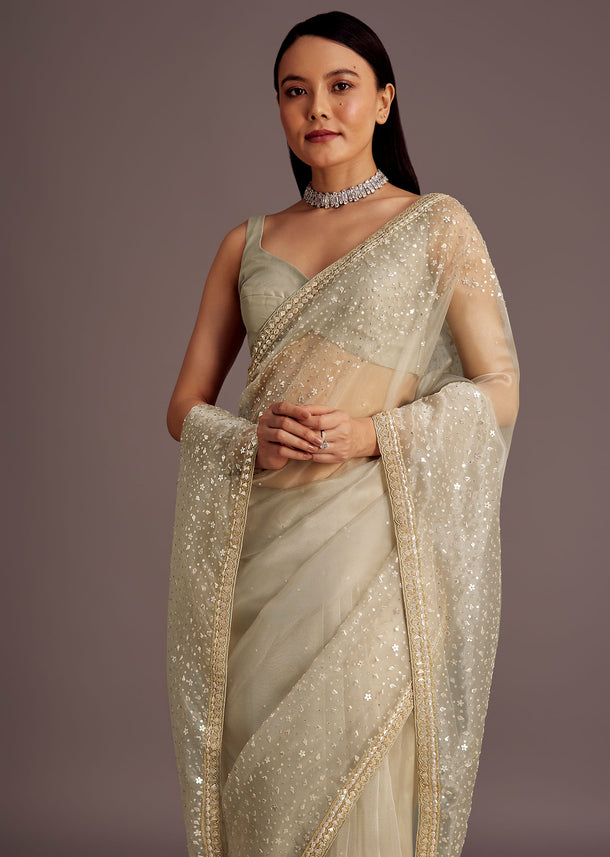 Grey Sequins Embellished Tissue Saree