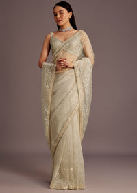 Grey Sequins Embellished Tissue Saree
