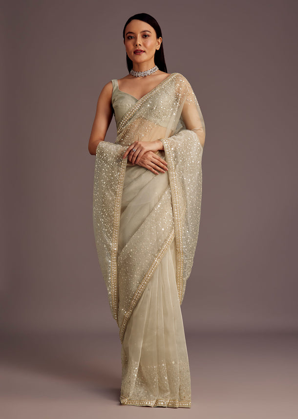 Grey Sequins Embellished Tissue Saree