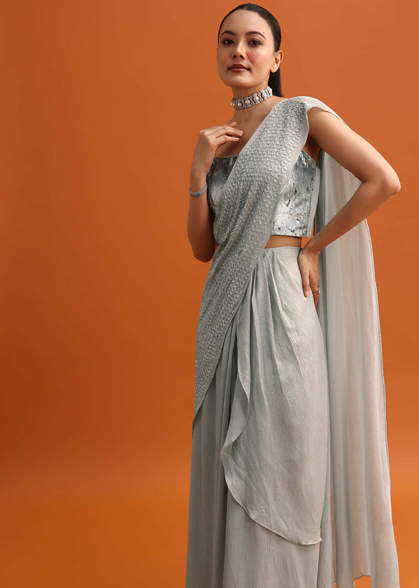 Grey Sequins Ready Pleated Saree