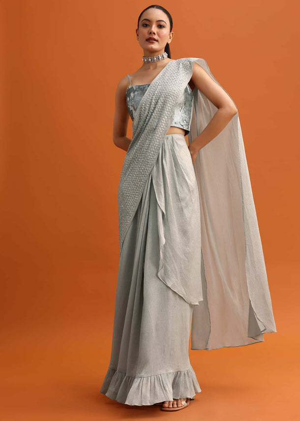 Grey Sequins Ready Pleated Saree