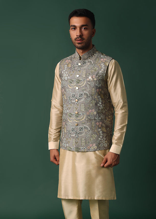 Grey Silk Jacket Kurta Set With Intricate Thread Work