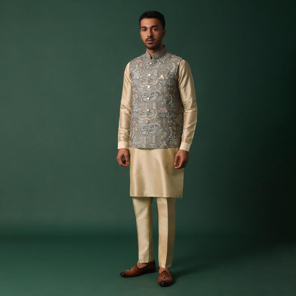 Grey Silk Jacket Kurta Set With Intricate Thread Work