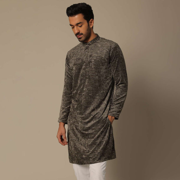 Grey Silk Kurta Set With Sequin Work