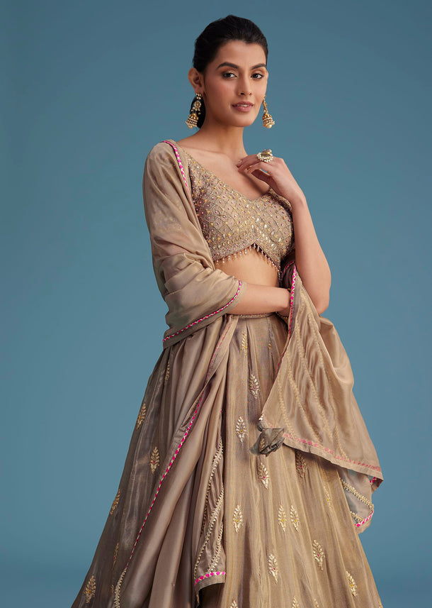 Grey Silk Lehenga Set With Gold Gotta Work