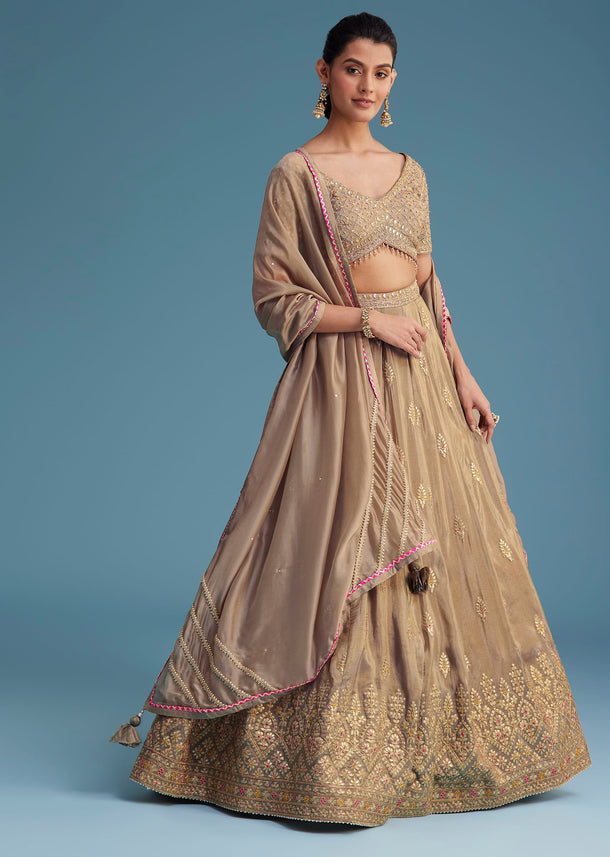 Grey Silk Lehenga Set With Gold Gotta Work