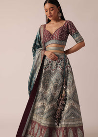 Grey Silk Printed Lehenga Set