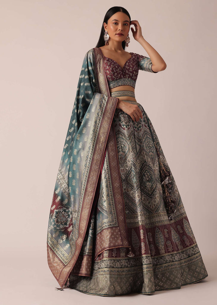 Grey Silk Printed Lehenga Set