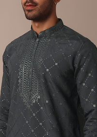 Grey Silk Sequin Embroidered Kurta Set With Dupatta