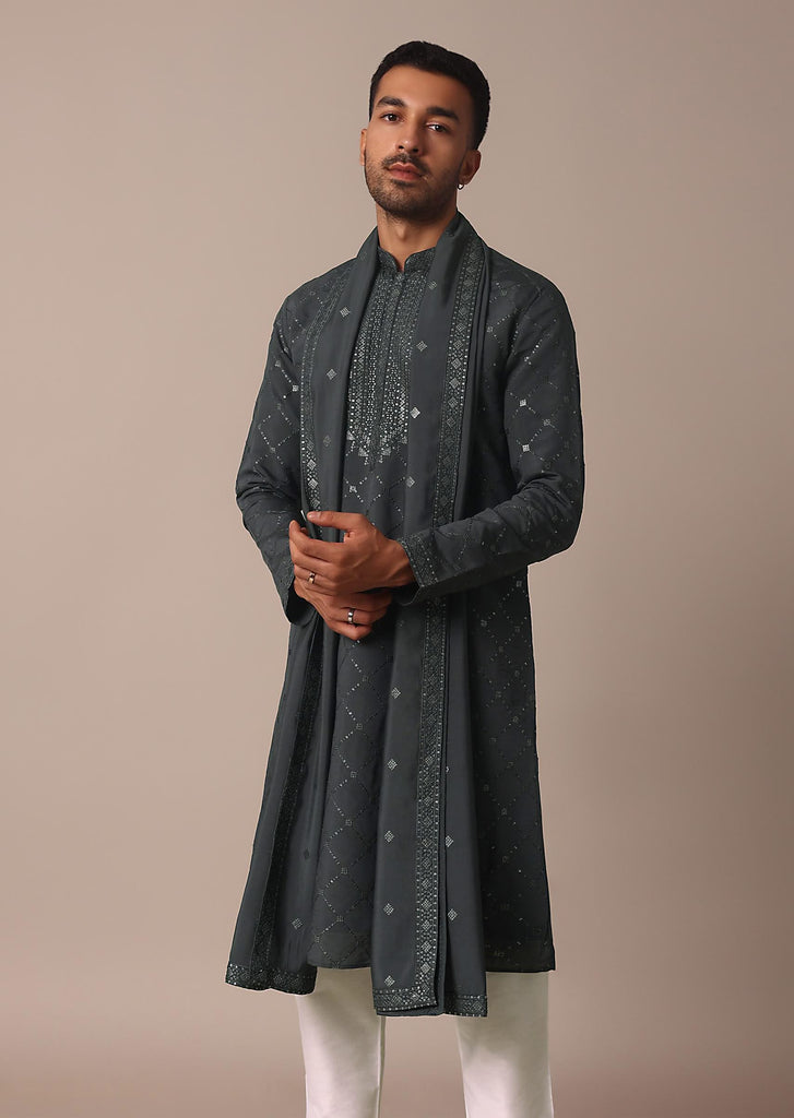 Grey Silk Sequin Embroidered Kurta Set With Dupatta