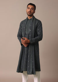 Grey Silk Sequin Embroidered Kurta Set With Dupatta