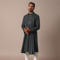 Grey Silk Sequin Embroidered Kurta Set With Dupatta