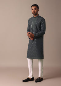 Grey Silk Sequin Embroidered Kurta Set With Dupatta