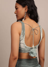Grey Sleeveless Blouse With U-Neckline In Velvet