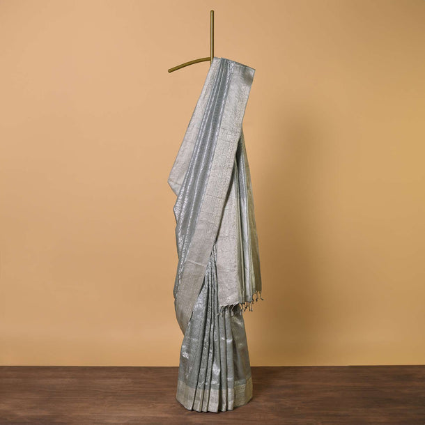 Grey South Silk Saree With Abstract Zari Border And Unstitched Blouse Fabric