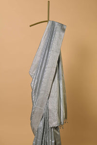 Grey South Silk Saree With Abstract Zari Border And Unstitched Blouse Fabric