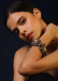 Grey Stone Bracelet In Floral Motif With Kundan Centre And Swarovski