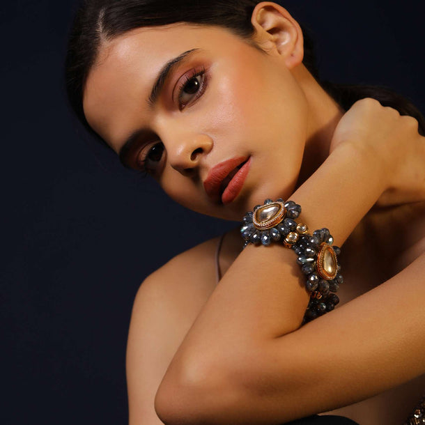 Grey Stone Bracelet In Floral Motif With Kundan Centre And Swarovski
