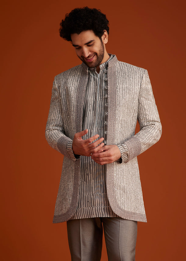 Grey Textured Jacket With Striped Kurta Set