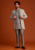 Grey Textured Jacket With Striped Kurta Set