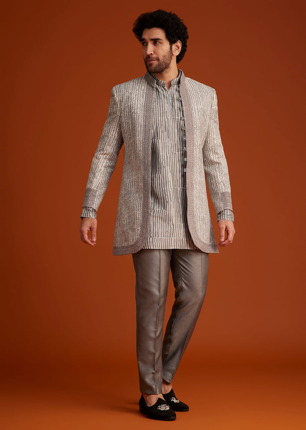 Grey Textured Jacket With Striped Kurta Set