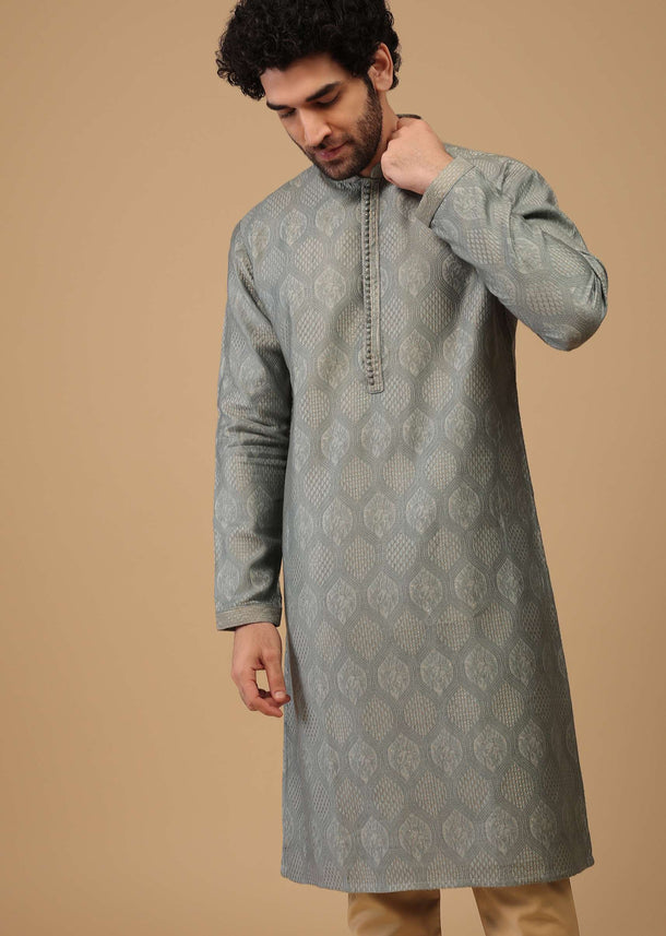 Grey Thread And Sequins Embroidered Handwoven Silk Kurta Set